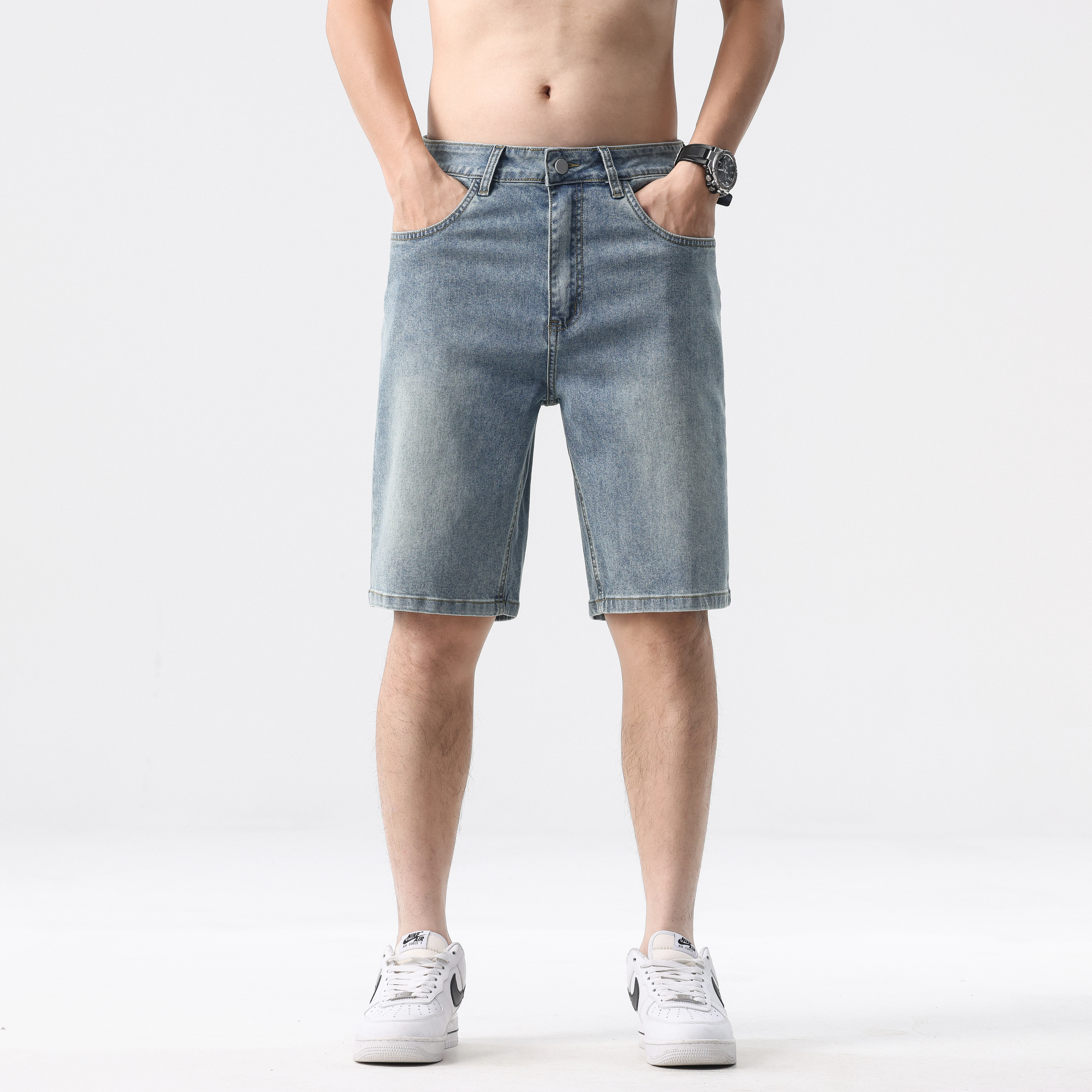 CMKC复古蓝牛仔短裤男夏季薄款2026新款高腰显瘦阔腿直筒五分裤子