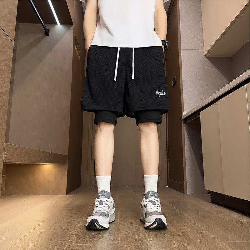 CMKC宽松篮球运动短裤男夏季速干透气假两件青少年黑色五分裤