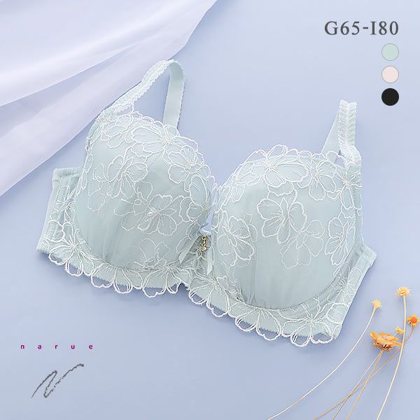 日本NARUE大码内衣女聚拢收副乳防外扩可爱透明薄纱刺绣蕾丝文胸