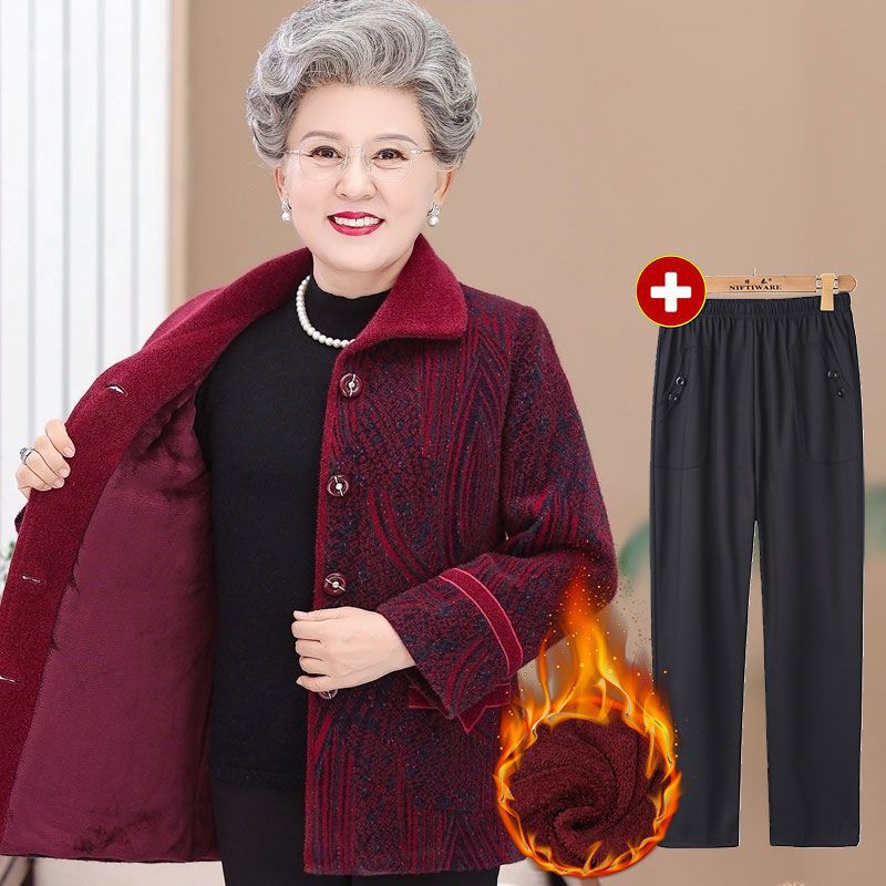 Xd中老年人秋冬装女妈妈水貂绒洋气上衣70岁奶奶加厚保暖老太太外