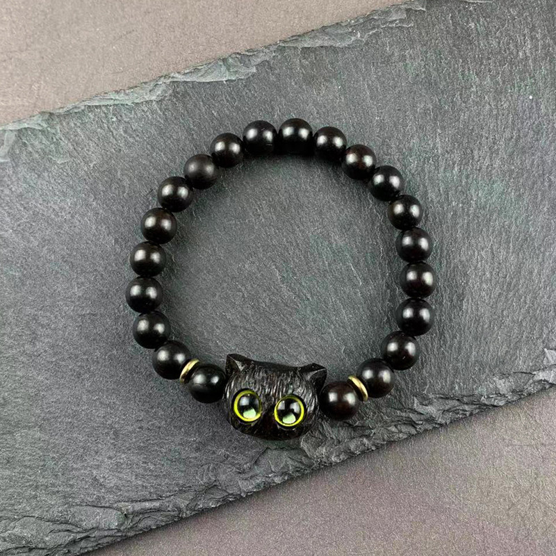 黑檀木猫头单圈木质手串绿檀手链紫光檀小黑猫头饰品礼物男女款