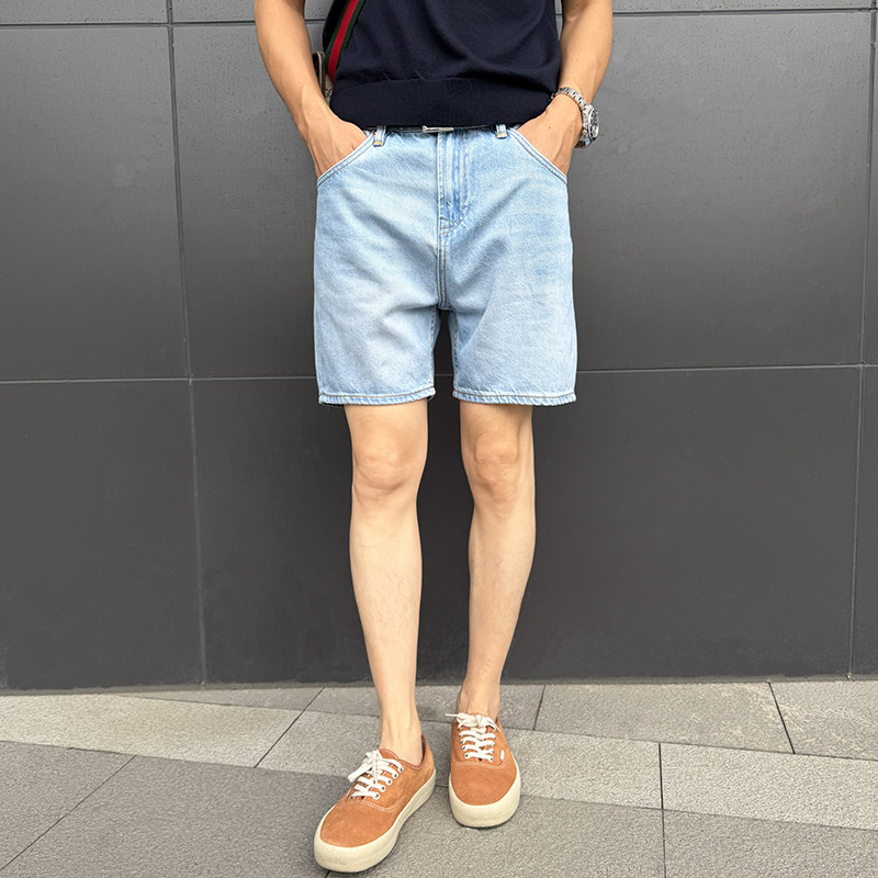 夏季薄款四分牛仔裤男天空蓝短裤