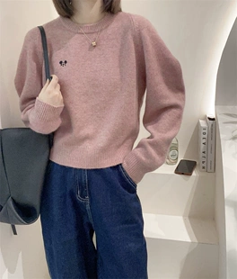 毛衣2022冬季 浣熊绒针织衫 小个子短款 时尚 慵懒风宽松卡通图案长袖