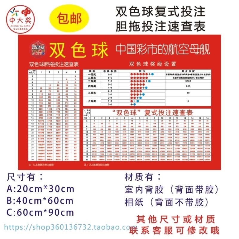 彩票投注站宣传资料/双色球复式投注胆拖投注/速查表 奖级查询表