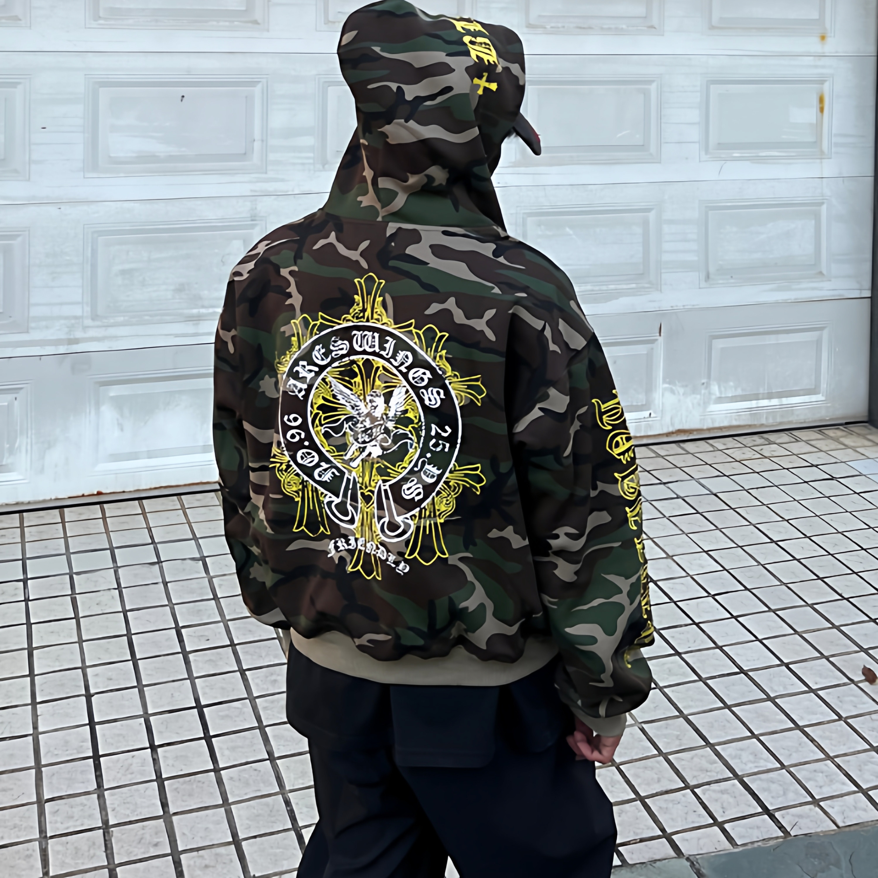 美式街头设计感迷彩印花连帽男女潮牌高街休闲复古帽衫拉链外套