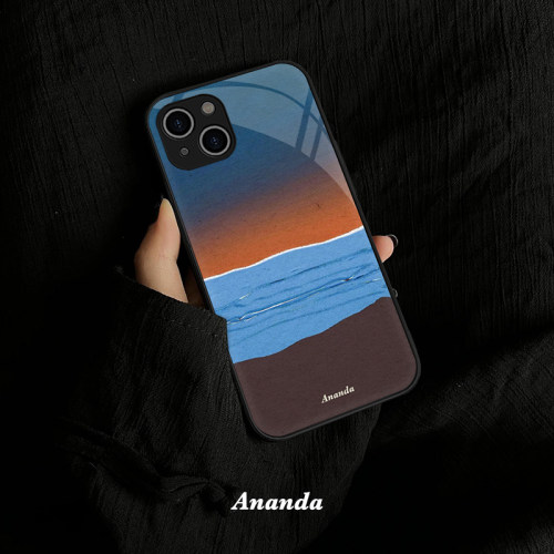 原创大海日落简约色块小众不撞款全包iPhone16Promax手机壳液态玻璃适苹果15蓝色落日余晖华为vivo一加OPPO14