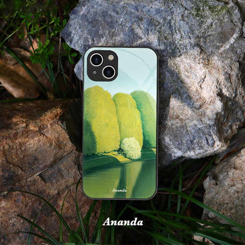 油画湖畔柳树夏天液态钢化玻璃iPhone15promax手机壳华为pura70小米14苹果vivo小众不撞款艺术生高级感个性16