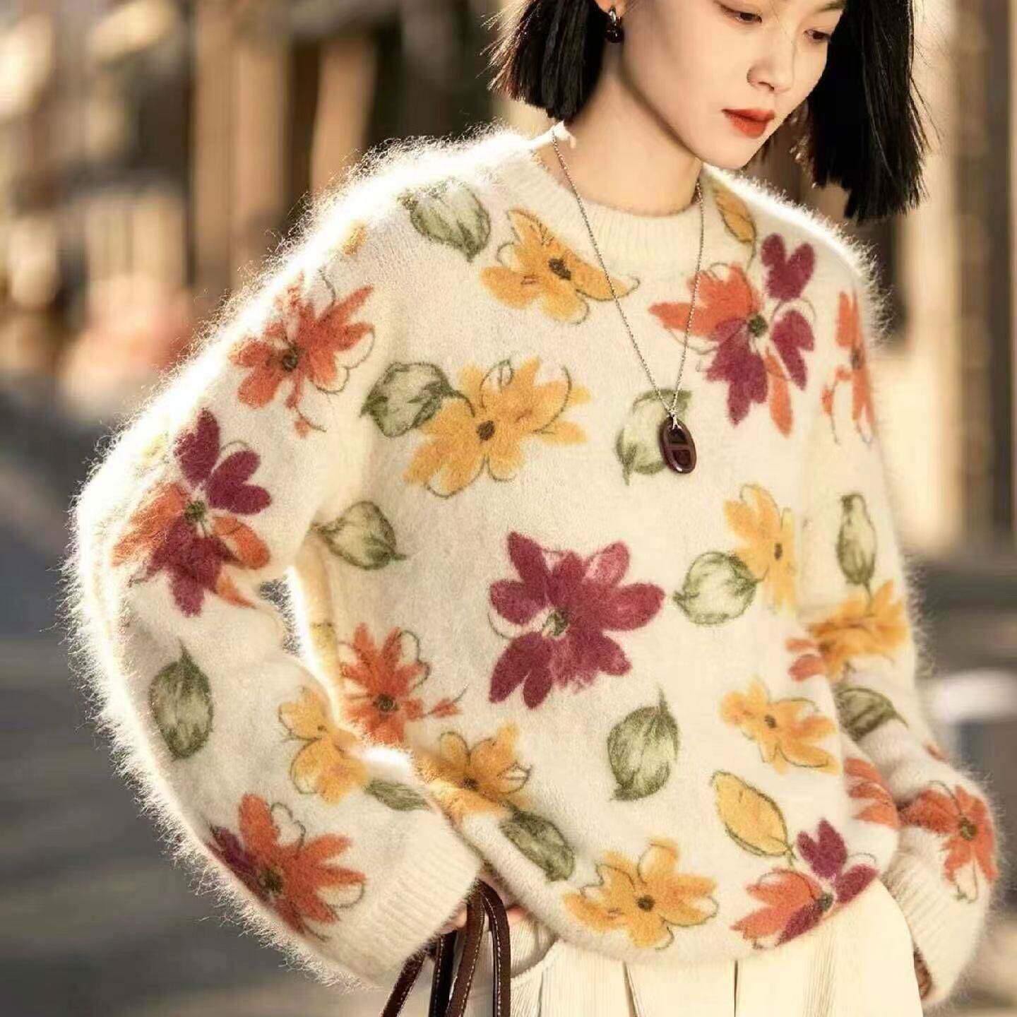 羊毛衫100田园风花朵印花羊绒衫女宽松圆领长袖套头毛衣软糯上衣