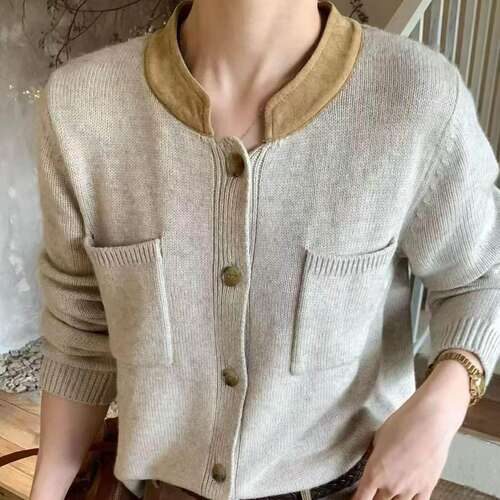 羊毛衫100极简风灰色开衫毛衣女秋季纽扣口袋百搭显瘦针织上衣