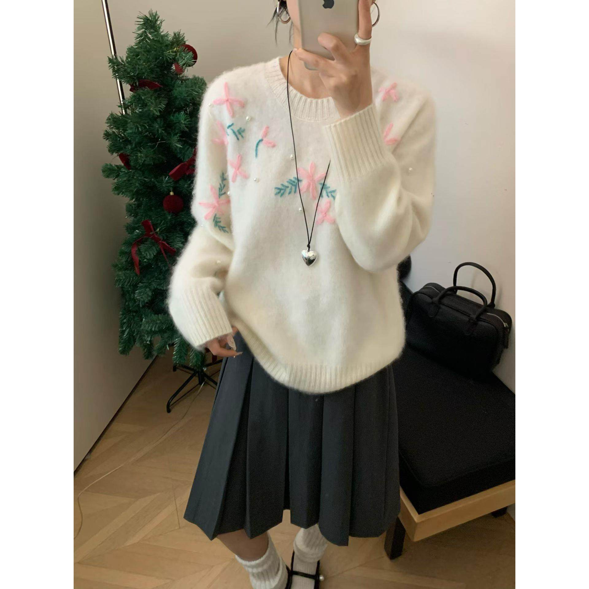 定制100羊毛衫2025春新款时尚百搭圆领长袖针织衫女宽松显瘦上衣