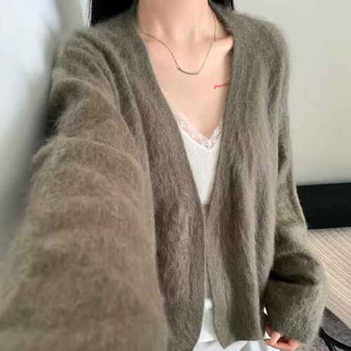 羊毛衫100秋冬款厚款上衣慵懒风V领拉绒毛衣女宽松开衫针织衫外套