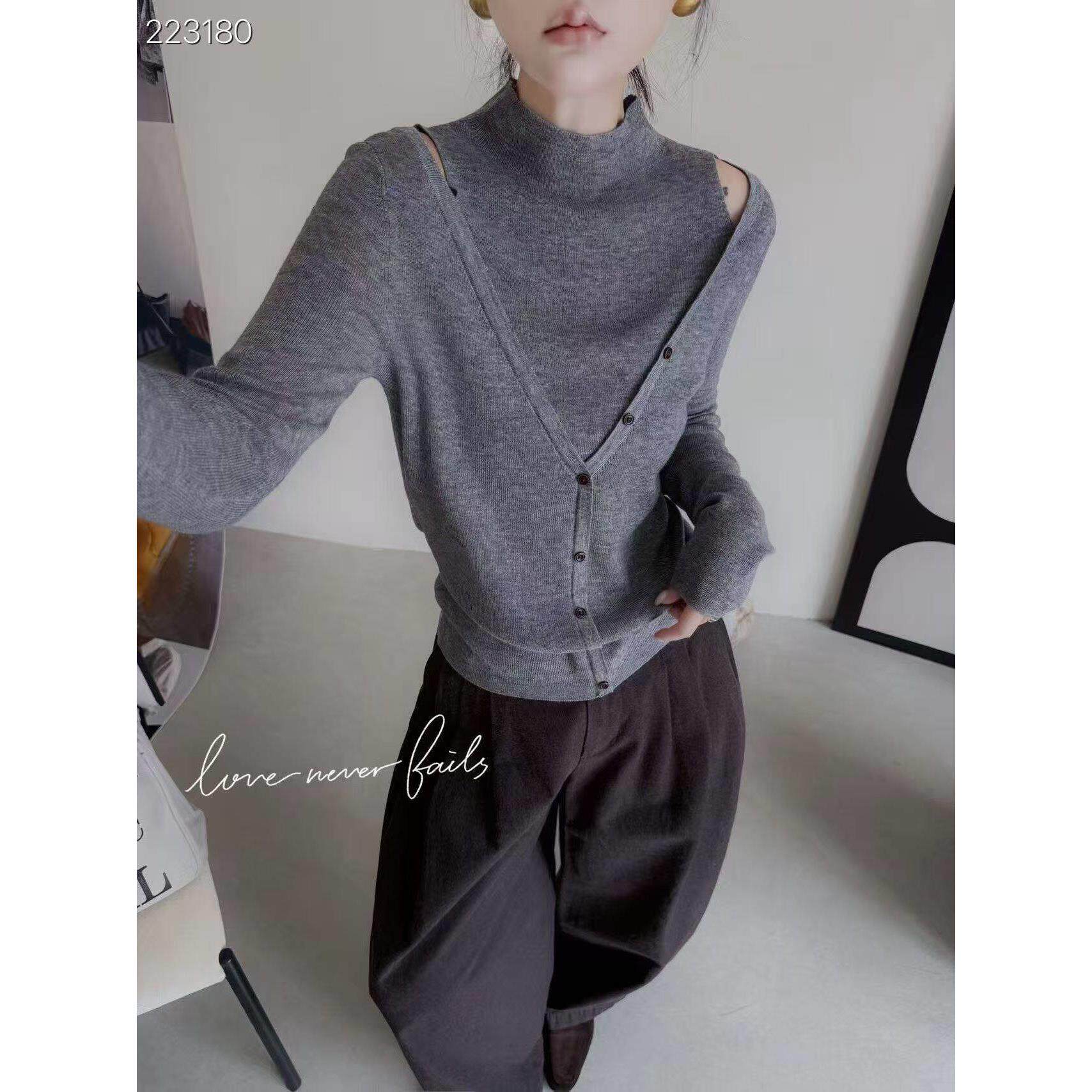 羊毛衫100设计感露肩V领针织开衫女修身显瘦纽扣两件套灰色毛衣