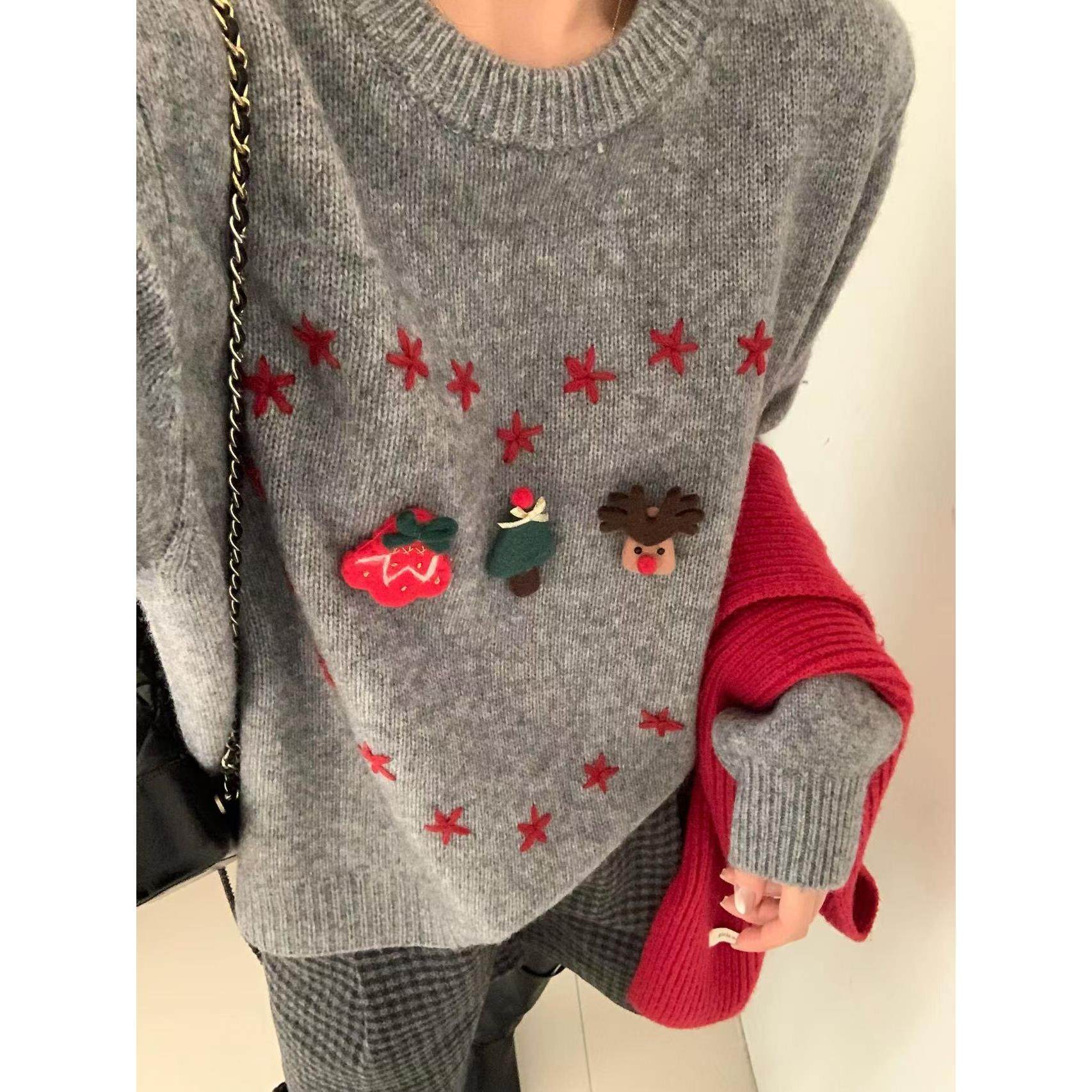 定制100羊毛衫2025春新款时尚百搭圆领长袖针织衫女宽松显瘦上衣