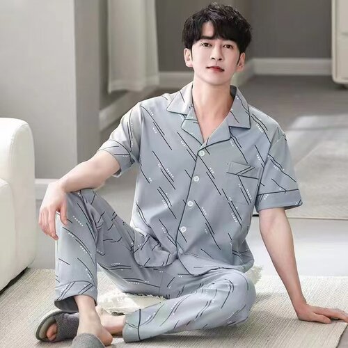 男士睡衣纯棉短袖夏季开衫青中年薄款可外穿大码家居服睡衣套装