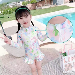 防晒高级感泳装 女小童高颜值2026新款 儿童连体洋气游泳衣网红长袖