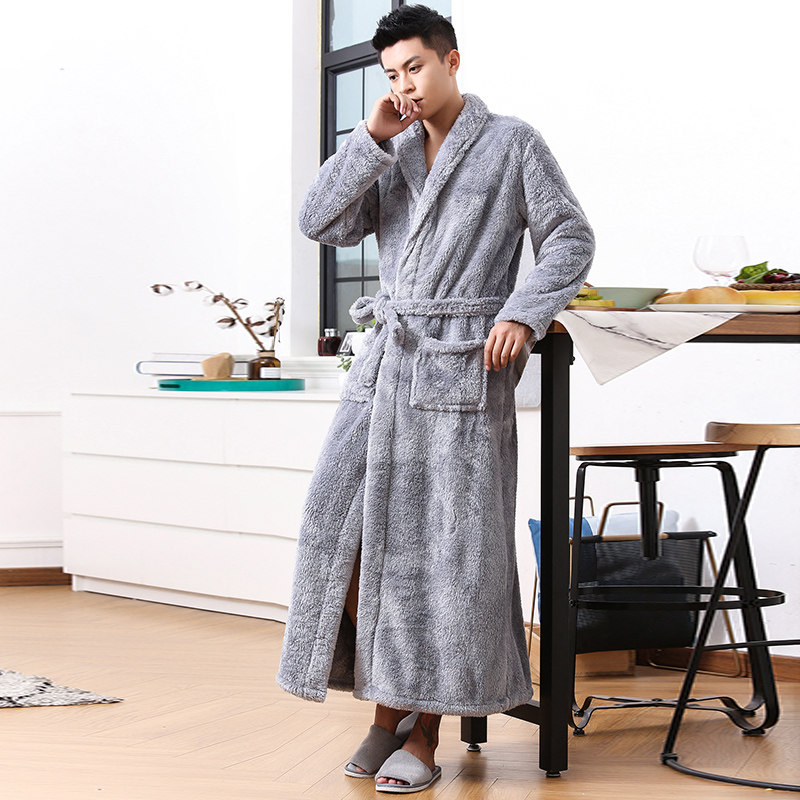 珊瑚绒加肥加大睡袍男冬季加厚长款学生浴袍大码中年男士加长睡衣