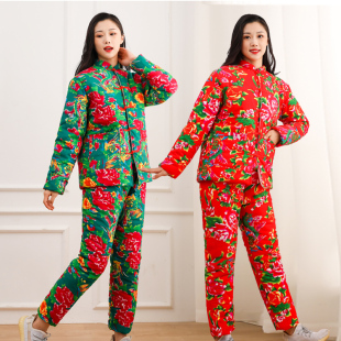 民族风东北大花布棉袄棉裤 冬男女外套新娘棉服 加厚保暖羽绒绵修身