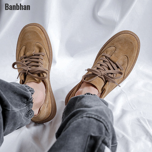 男款舒适英伦风2023新款休闲皮鞋翻毛皮真皮软底德训鞋复古板鞋子