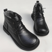 外贸纯头层牛皮短靴 真皮羊皮毛一体保暖高帮大棉男鞋 冬季 大头宽版