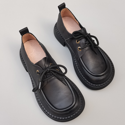 纯牛皮大头宽版英伦中跟系带女鞋