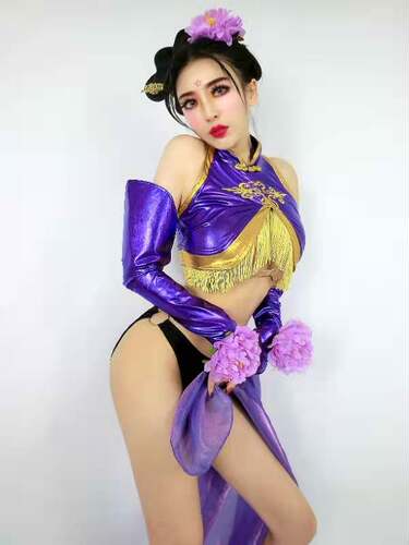 元旦节中秋节酒吧ds舞蹈gogo女复古dj演出服紫色长裙性感cos套装