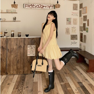 亮色小鸡黄花苞裙韩系减龄穿搭背心裙显瘦中长款连衣裙
