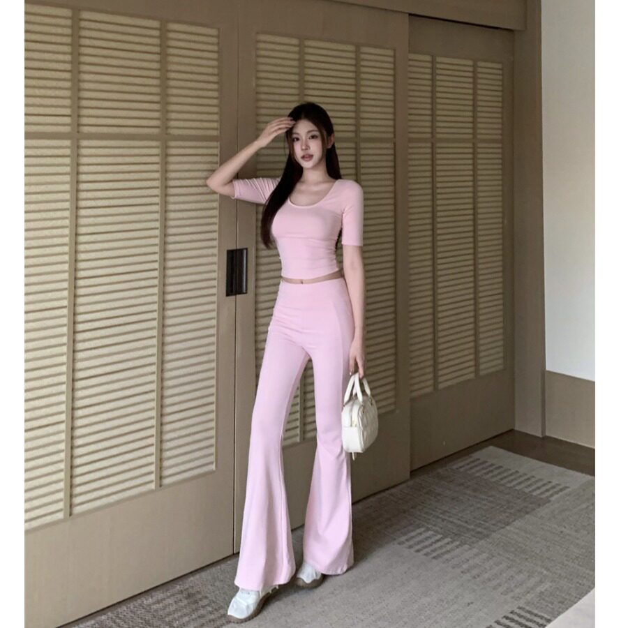 夏季纯欲辣妹气质修身显瘦U领上衣+高腰休闲微喇裤子两件套套装女
