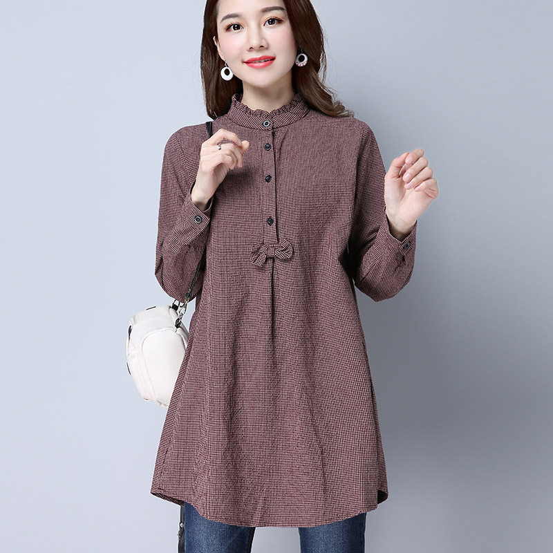 2019春秋新款格子衬衫女长袖宽松套头中长款立领纯棉大码休闲衬衣|ruв категории Женская одежда, рубашка - от Buy2taobao.com для оказания профессиональной услуги покупки агента Taobao