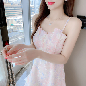 RM18341#夏季新款初恋甜美镂空印花吊带连衣裙