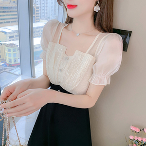 RM18343#夏季新款V领拼接气质初恋浪漫淑女小黑裙