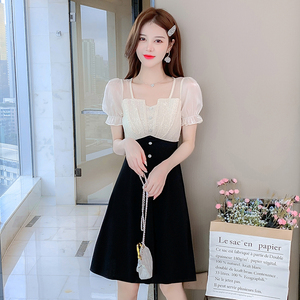 RM18343#夏季新款V领拼接气质初恋浪漫淑女小黑裙