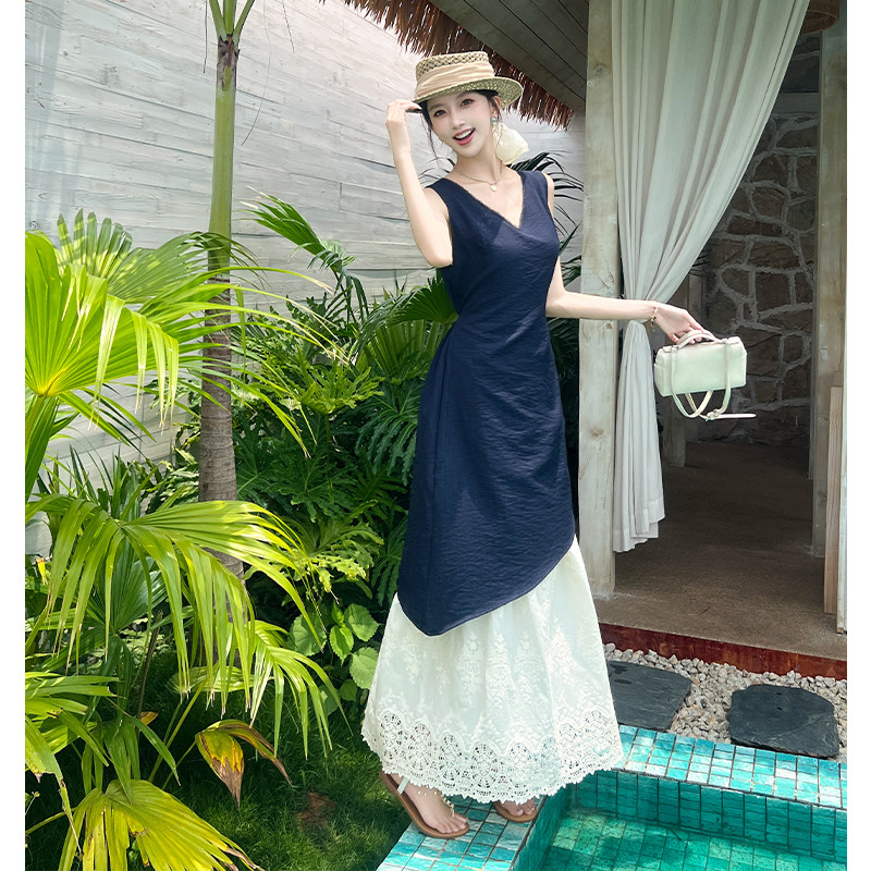 韩版V领背心不规则连衣裙蕾丝拼接收腰显瘦假两件长裙子