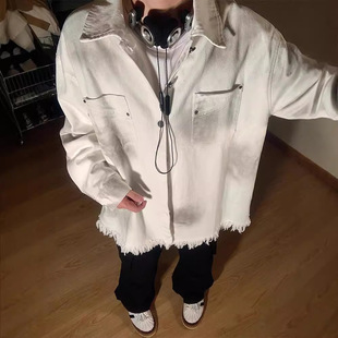 白色牛仔外套男款春秋季美式复古潮牌设计感破坏毛边翻领工装夹克