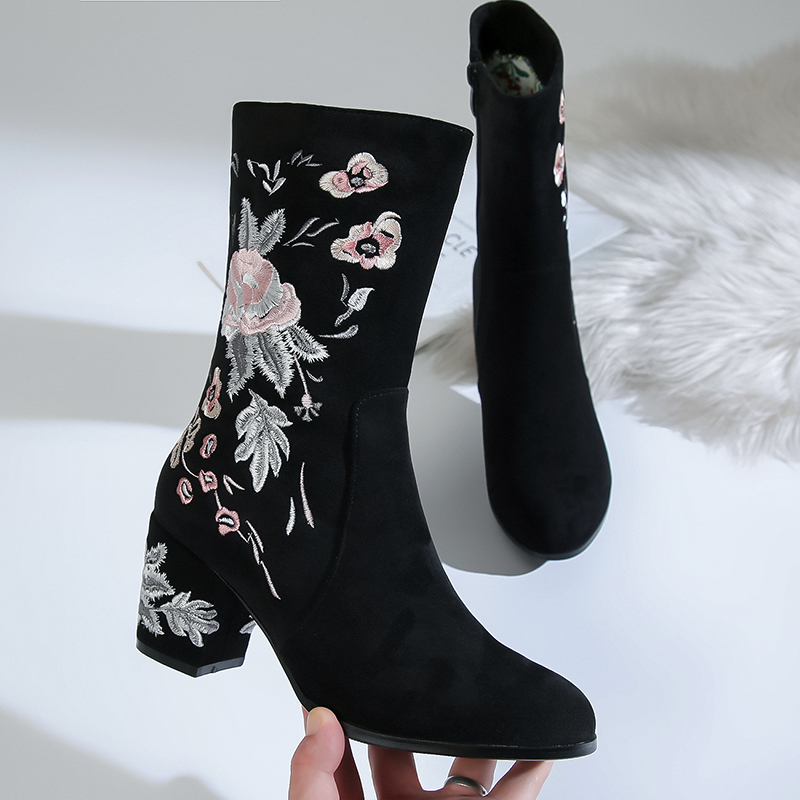 国风民族风中筒靴短靴中跟刺绣