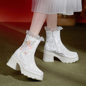 女短靴中式 秋冬靴子女2025新款 汉服鞋 国风绣花靴厚底松糕底增旗袍