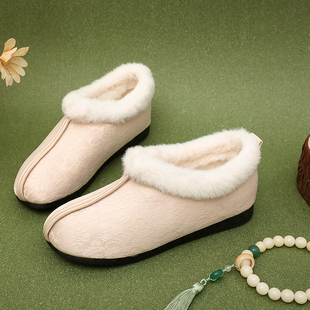 保暖平底2024冬季新款 毛毛汉服鞋女中国风加厚棉鞋配茶服的鞋子