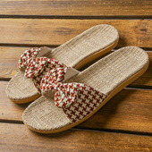 女蝴蝶结拖鞋 家居室内软底夏天 女夏季 新款 蝴蝶结真麻草编亚麻拖鞋