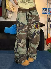 Eaho American Retro Badge Embroidered Double Waistband Camouflage Pants for Men and Women, Loose Casual Versatile Street Straight-Leg Trousers