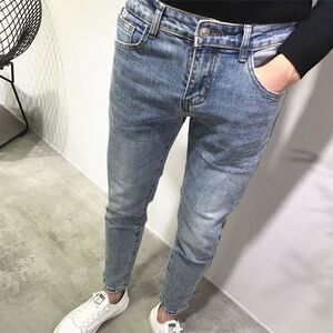 牛仔裤男秋季浅蓝色休闲修身小脚韩版弹力九分裤网红春季潮流裤子