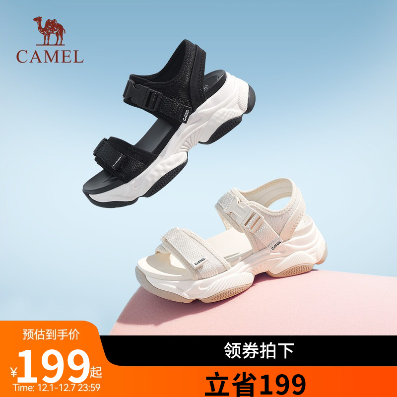 骆驼女鞋夏季新款厚底松糕沙滩鞋魔术贴时尚休闲软底运动凉鞋女款