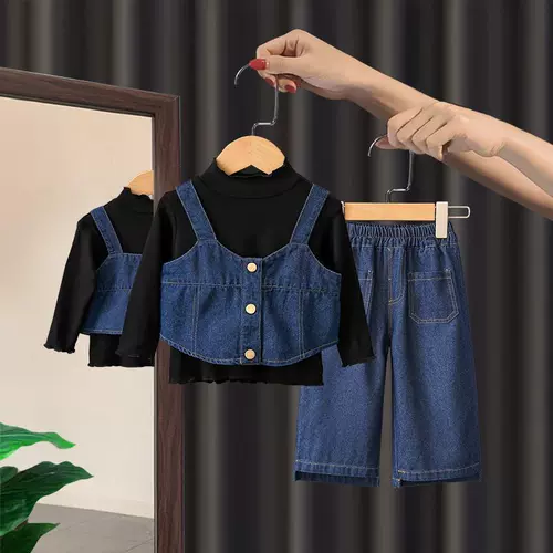 Весенний демисезонный джинсовый комплект для девочек, в корейском стиле, в западном стиле, эффект подтяжки, 3 предмета