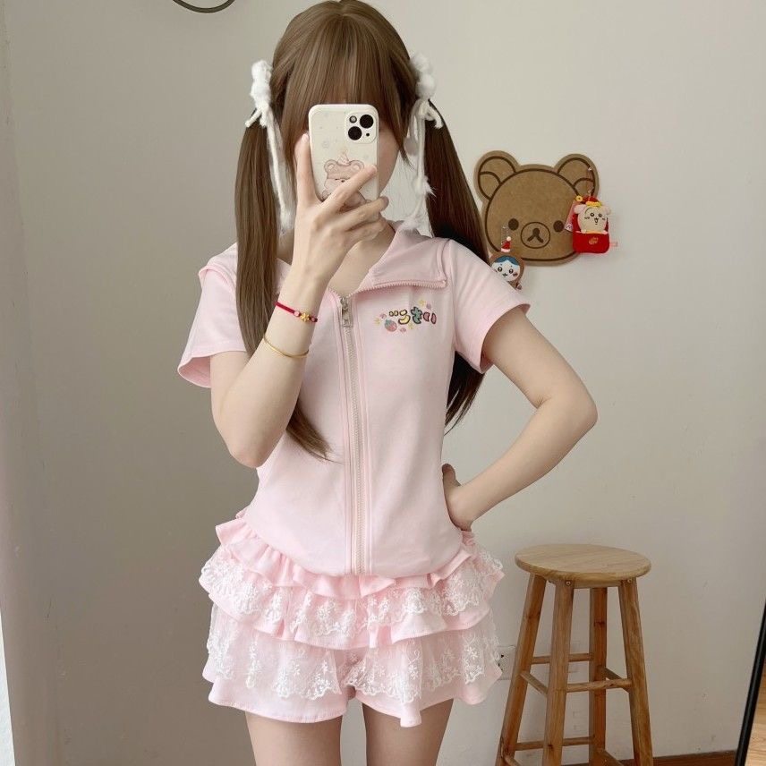 日系软妹可爱甜美兔子耳朵连帽短袖外套宅萌百搭拉链开衫夏上衣粉