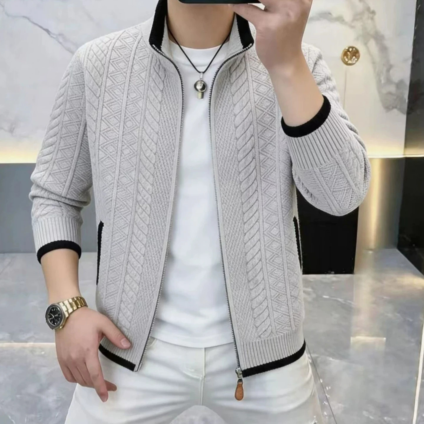 芸菲汇衣坊男装高档男士上衣秋冬季新款立领拉链针织开衫毛衣外套