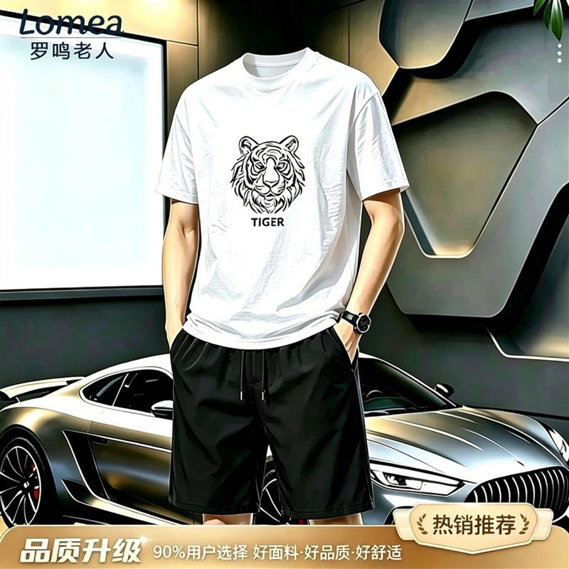 罗鸣老人品牌男装原创夏季男士老虎头印花短袖宽松休闲百搭T恤潮