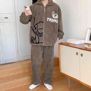 睡衣男士冬季珊瑚绒加厚加绒男款秋冬半边绒拉链大码可外穿家居服