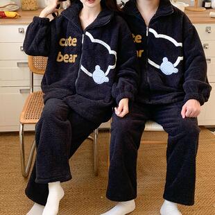 珊瑚绒睡衣男士秋冬季加绒加厚保暖拉链半边绒大码冬款家居服套装