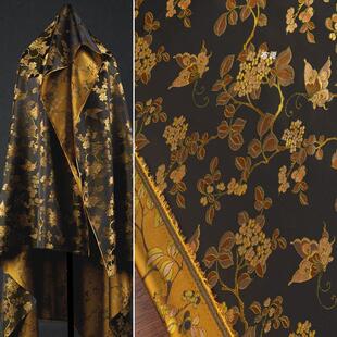 黑底金黄色 蝴蝶采花蜜织锦缎提花丝绸面料 复古旗袍外套光泽布料