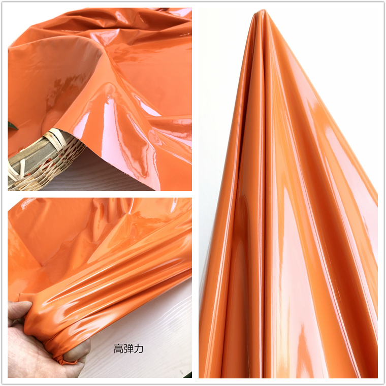 桔红色亮面皮革亮皮针织PU镜面皮