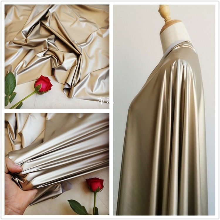 薄 香槟金淡金色哑光小羊皮款面料 四面弹力pu皮革针织底涂层布料