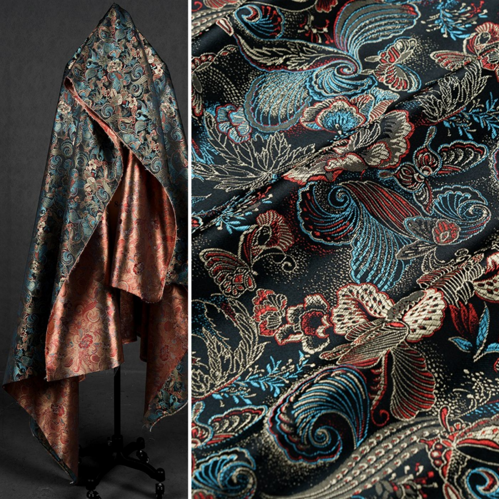 黑色蝴蝶花朵织锦缎提花丝绸布料